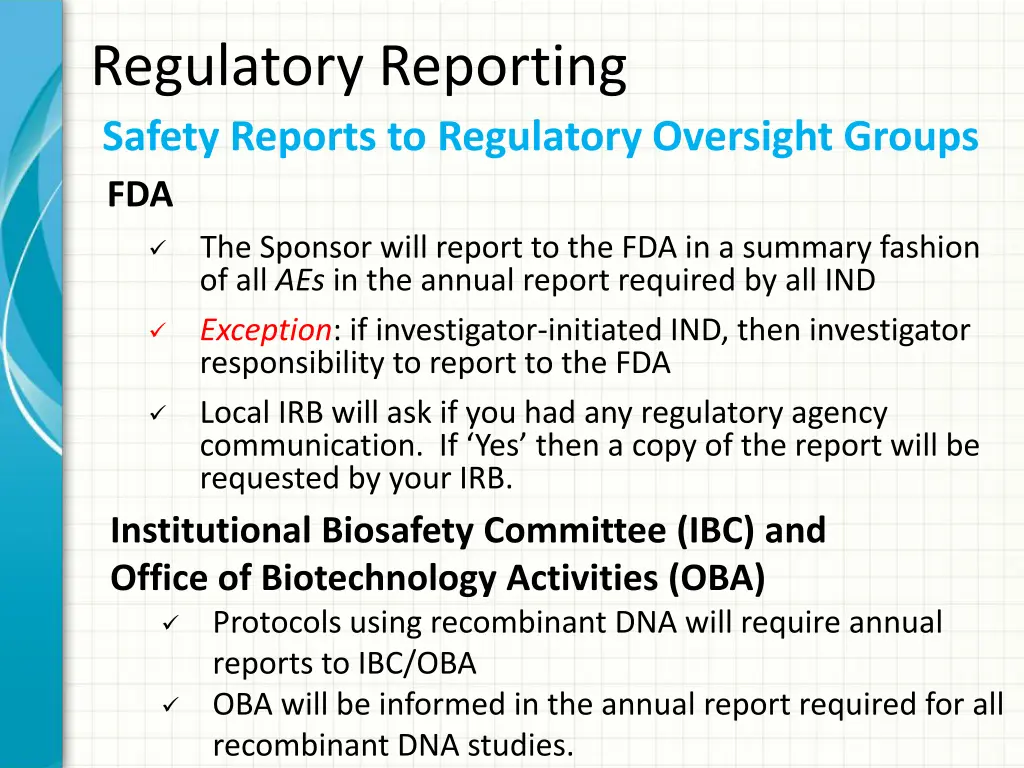 regulatory reporting safety reports to regulatory