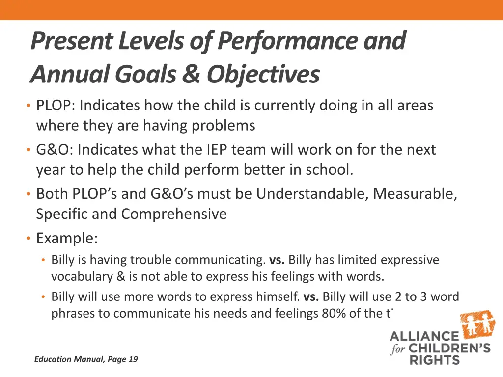 present levels of performance and annual goals