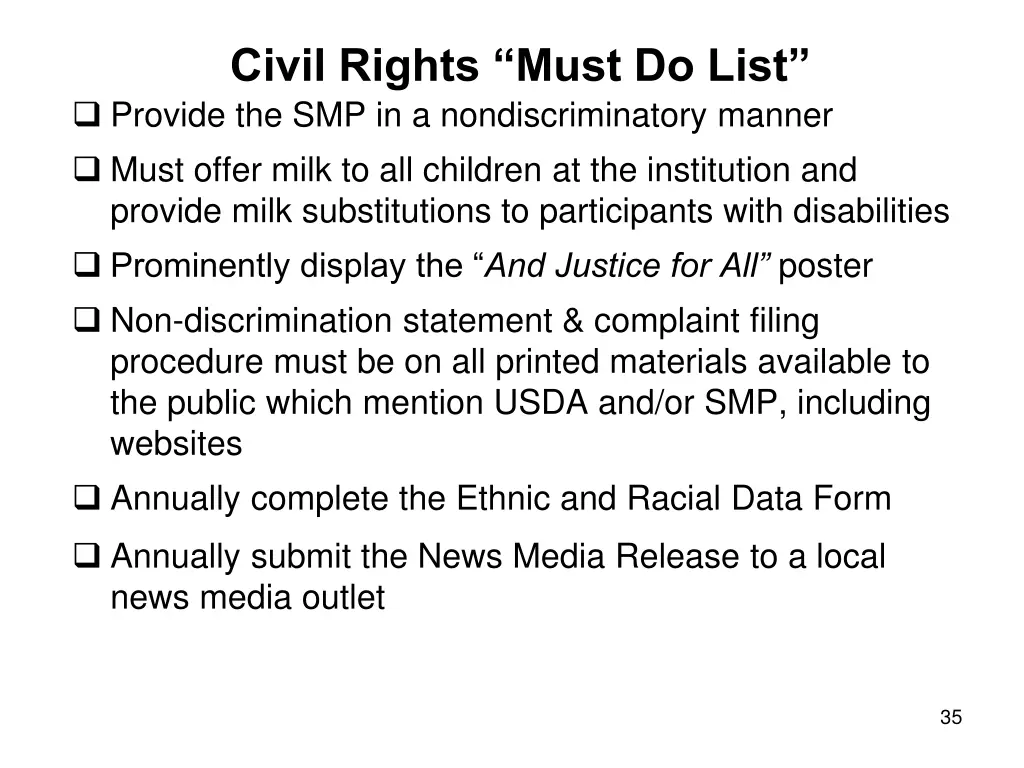 civil rights must do list provide