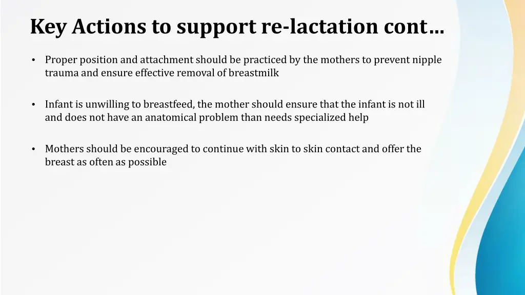 key actions to support re lactation cont