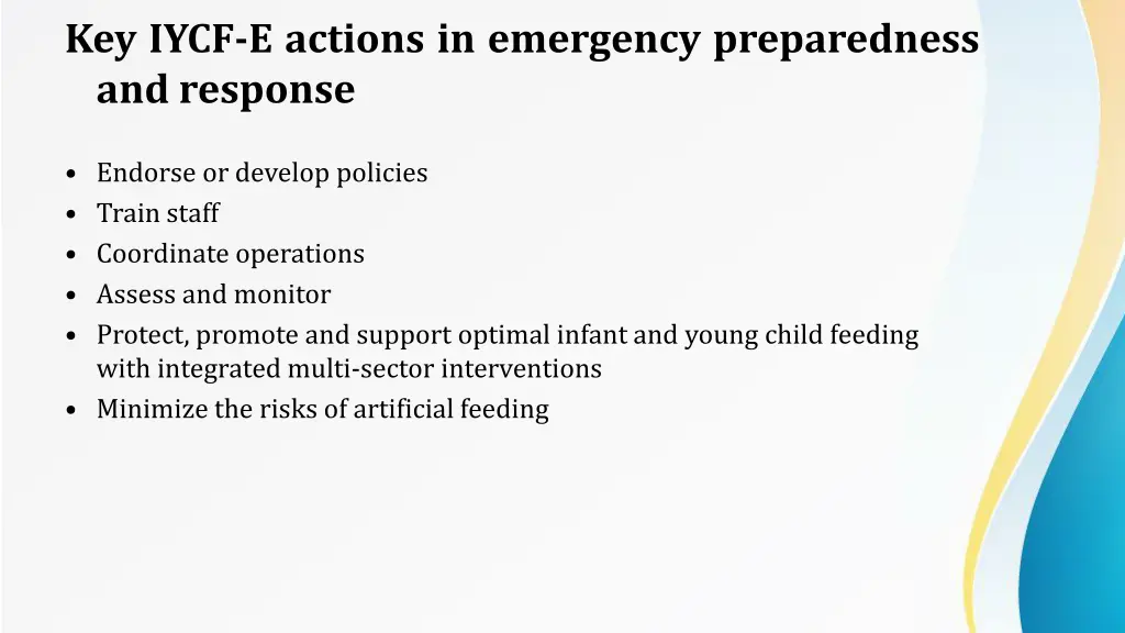 key iycf e actions in emergency preparedness