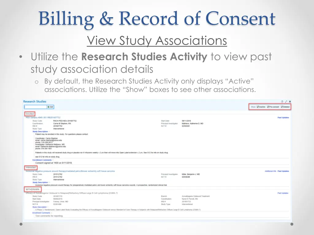 billing record of consent view study associations