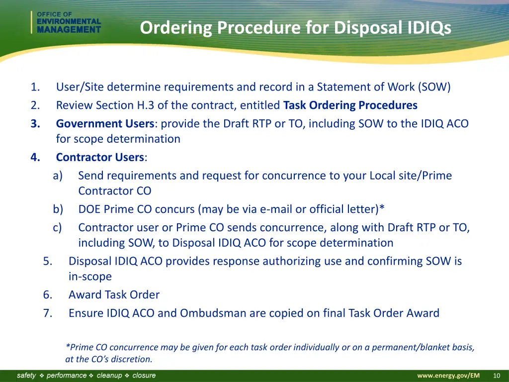 ordering procedure for disposal idiqs