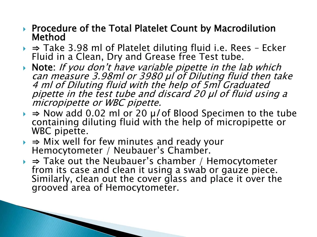 procedure of the total platelet count by method 1