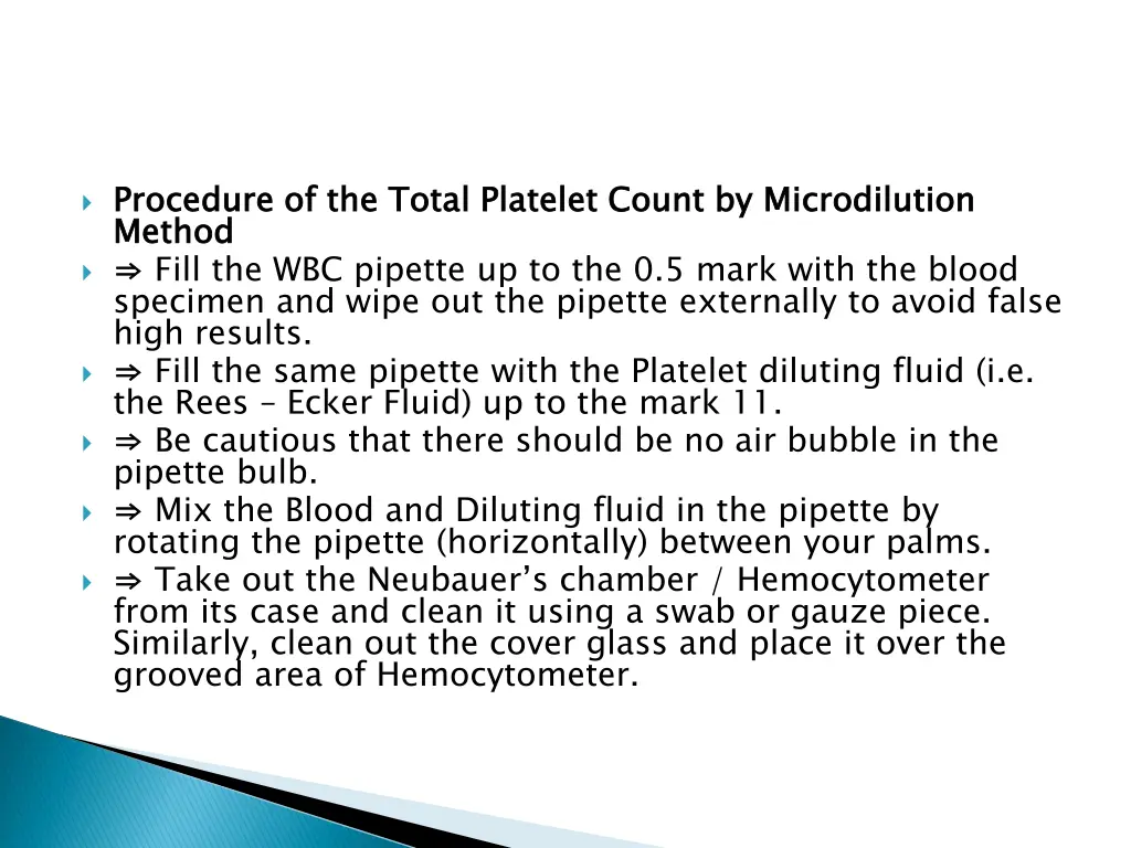 procedure of the total platelet count by method