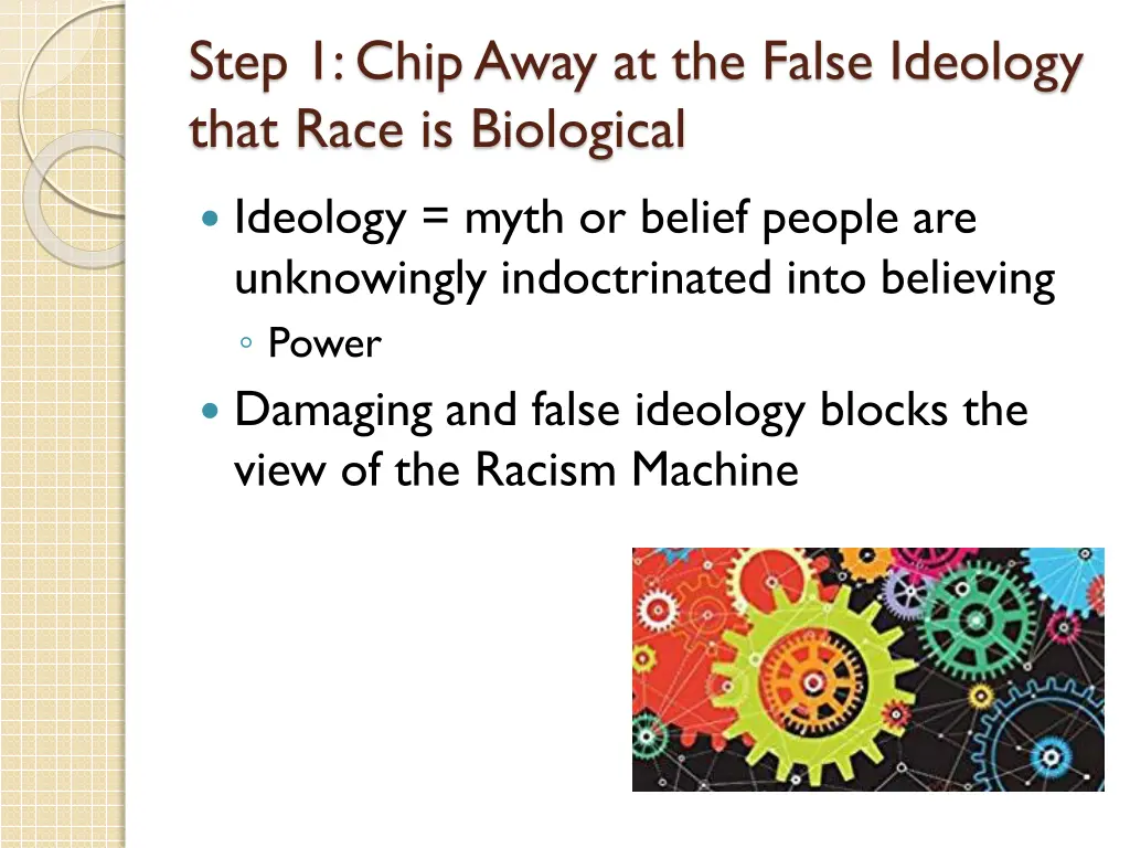 step 1 chip away at the false ideology that race