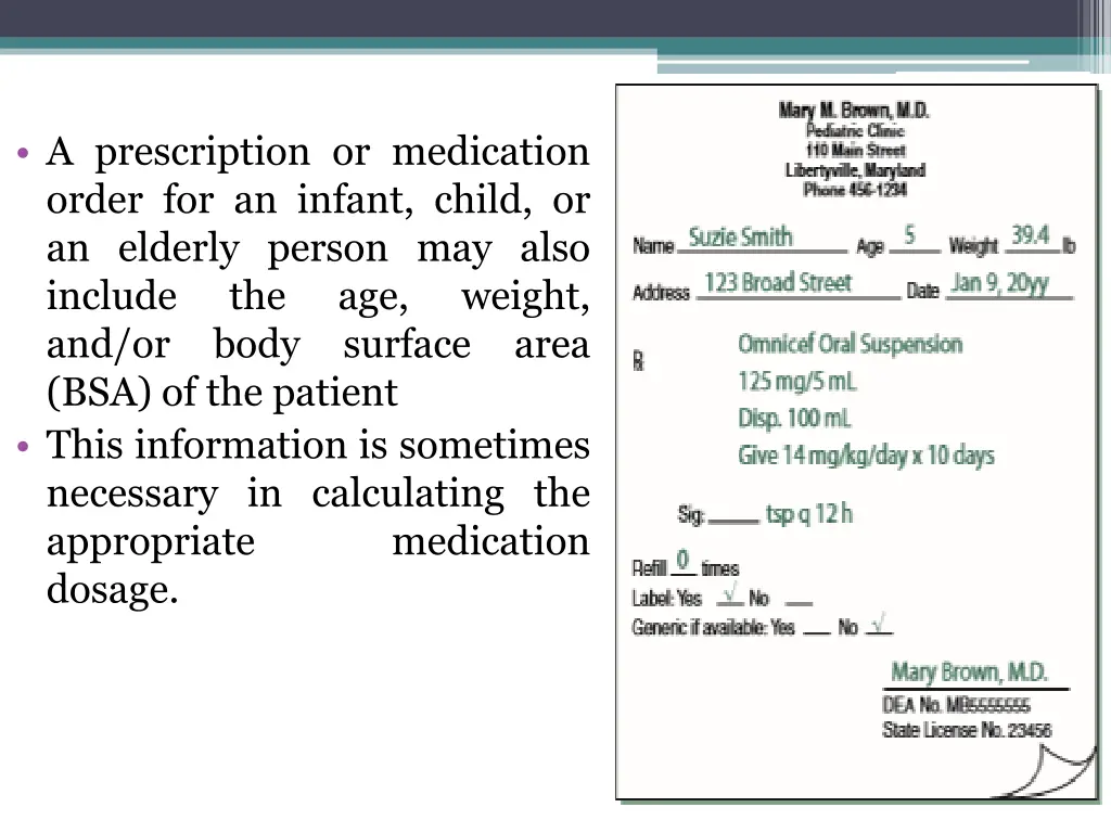 a prescription or medication order for an infant