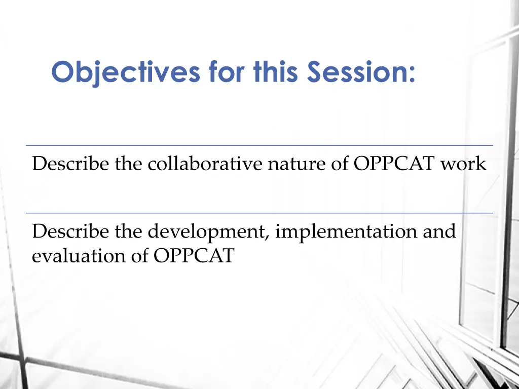 objectives for this session