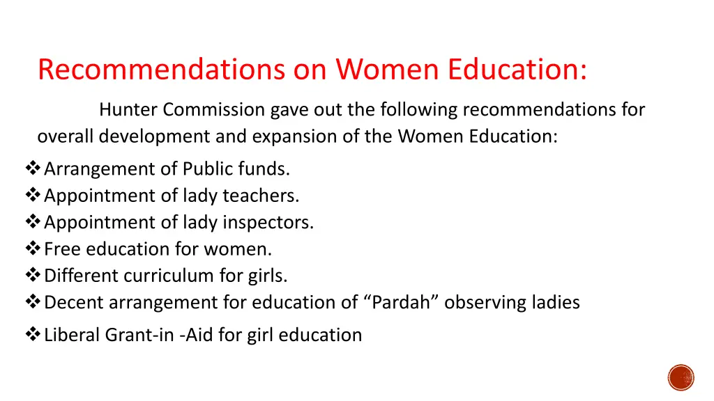 recommendations on women education