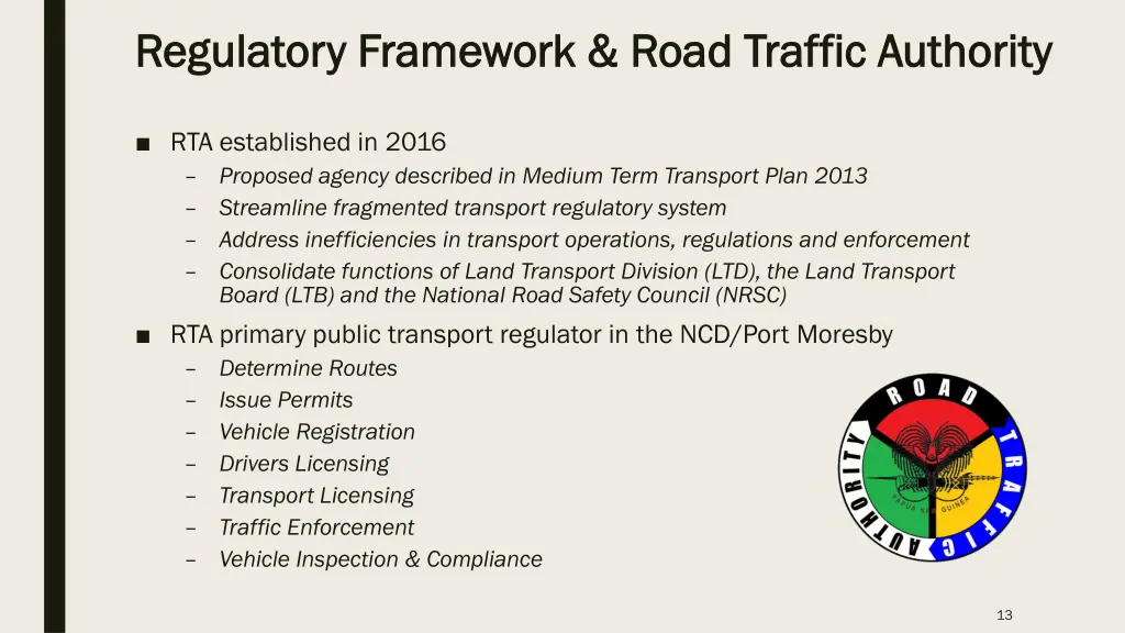 regulatory framework road traffic authority