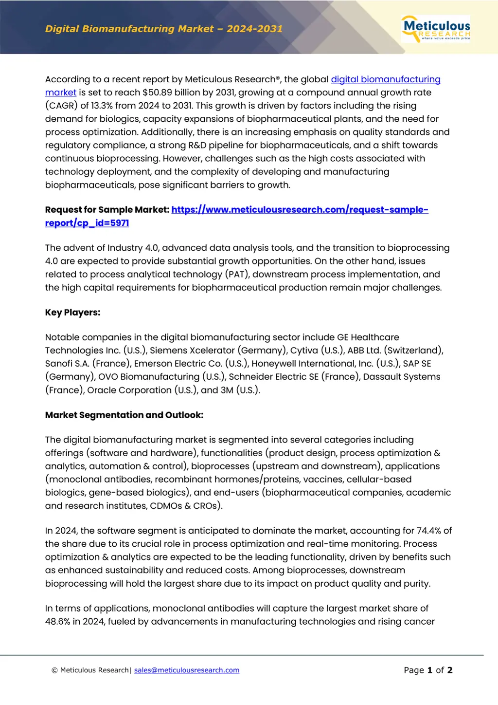 digital biomanufacturing market 2024 2031