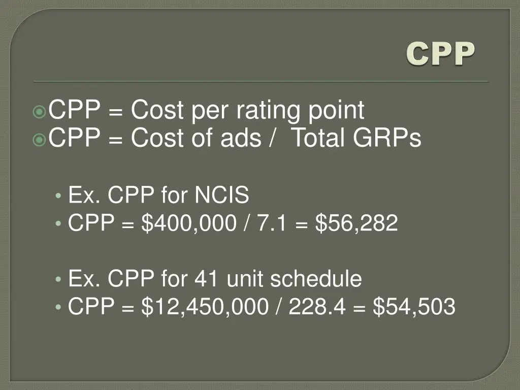 cpp cost per rating point cpp cost of ads total