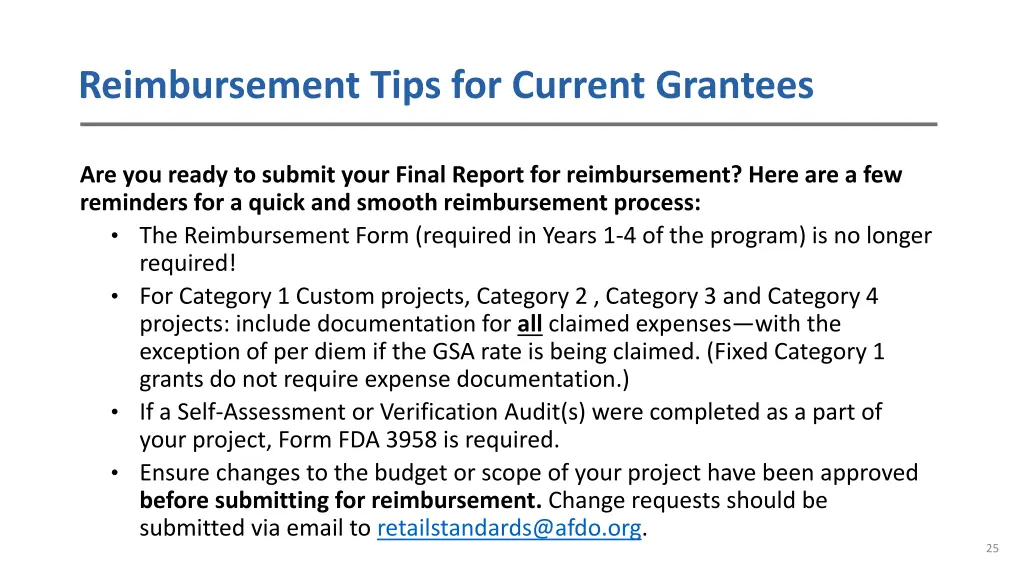 reimbursement tips for current grantees