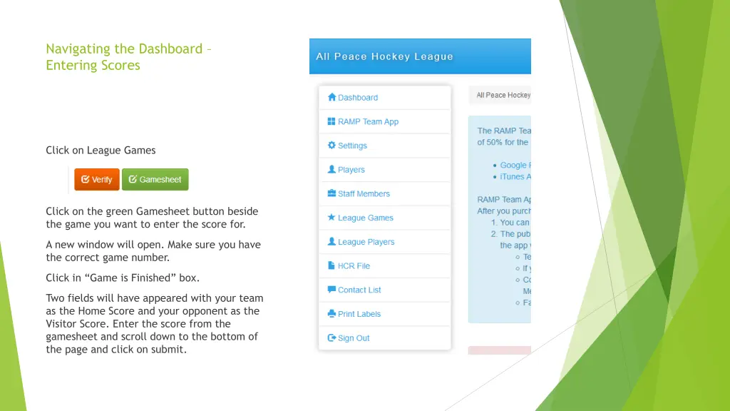 navigating the dashboard entering scores