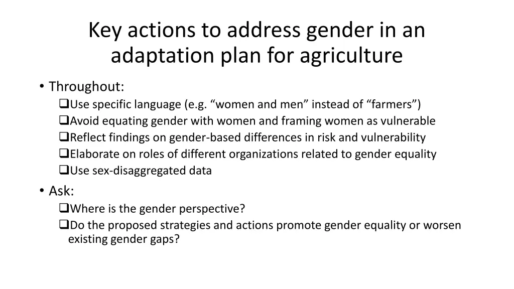 key actions to address gender in an adaptation