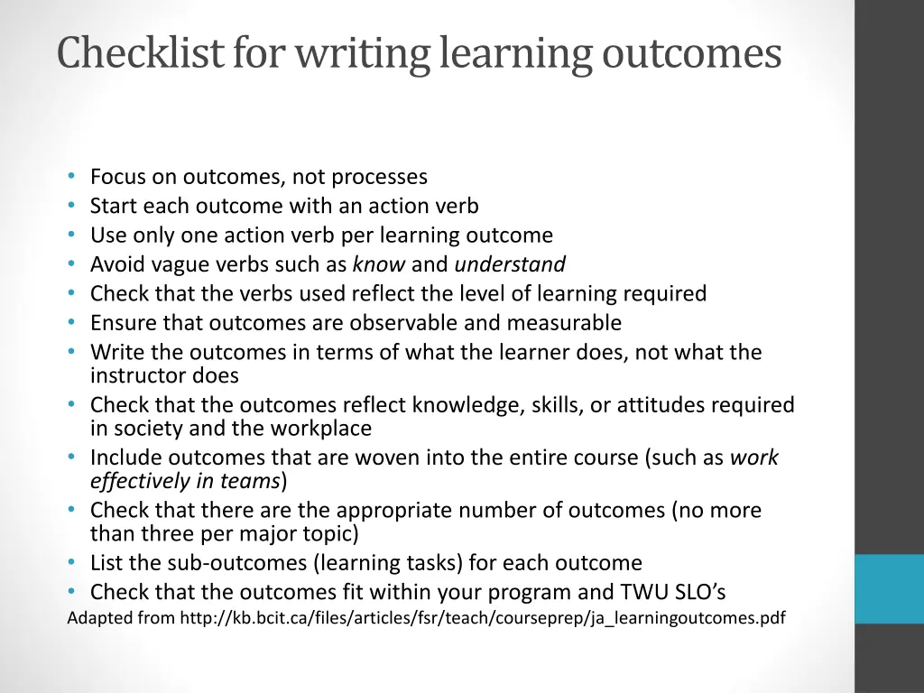 checklist for writing learning outcomes