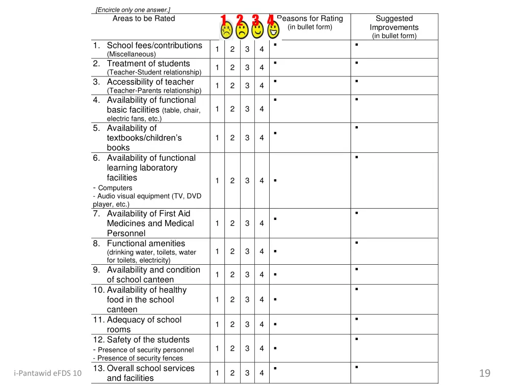 encircle only one answer areas to be rated