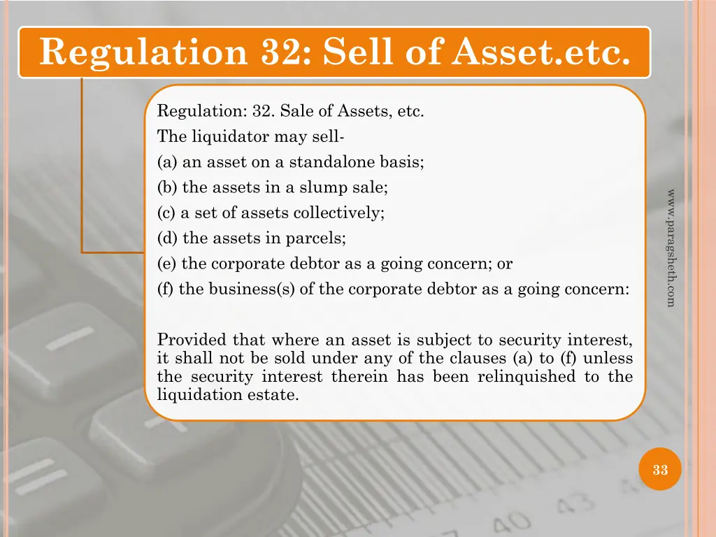 regulation 32 sell of asset etc