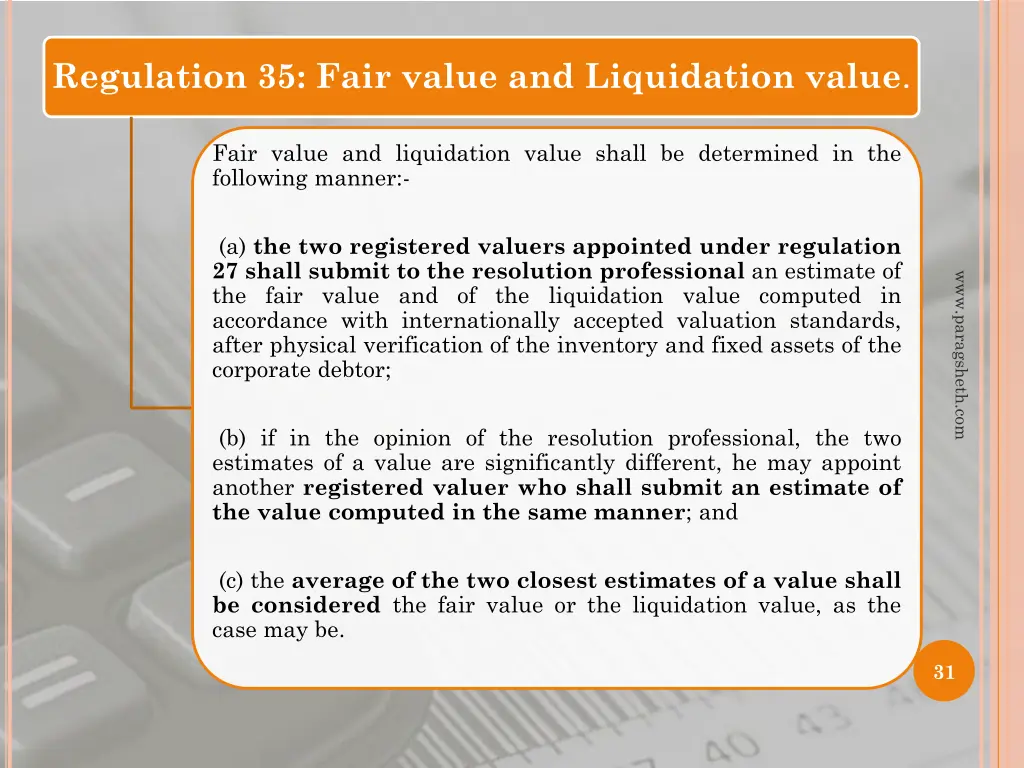 regulation 35 fair value and liquidation value