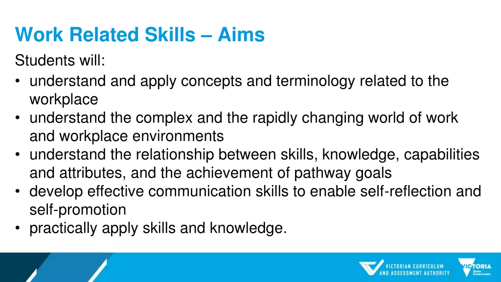 work related skills aims students will understand