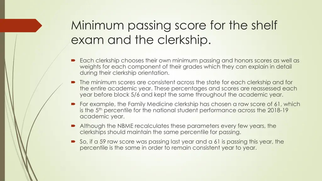 minimum passing score for the shelf exam