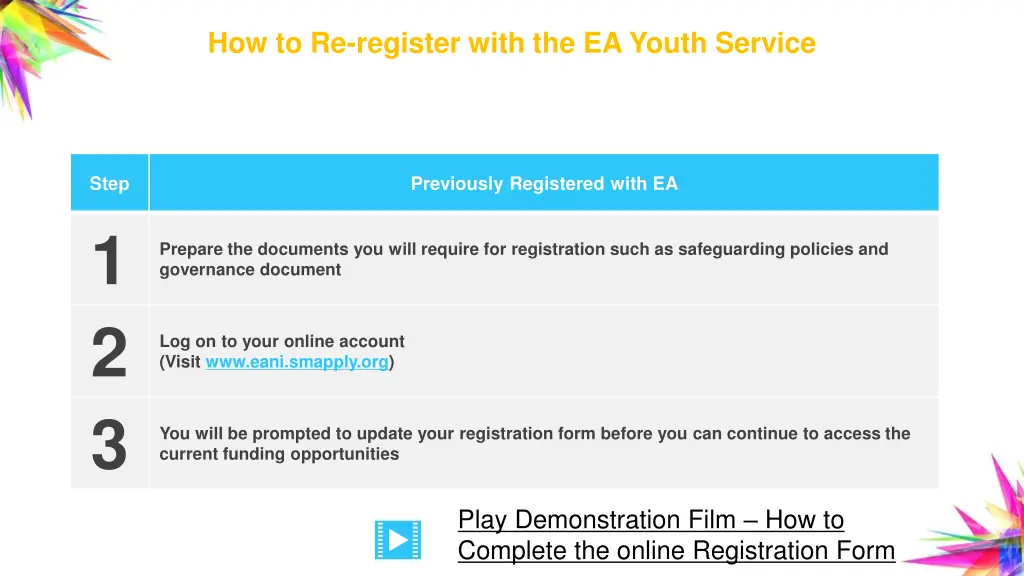 how to re register with the ea youth service