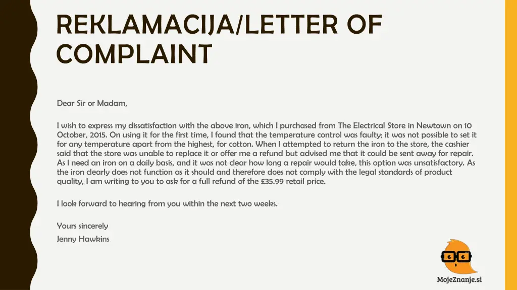 reklamacija letter of complaint