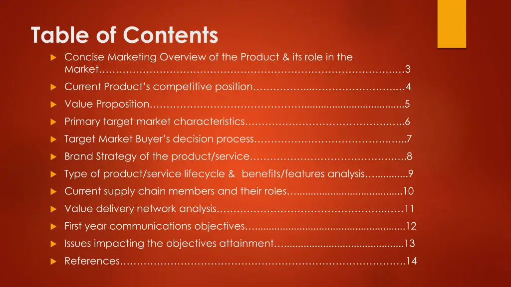 table of contents concise marketing overview