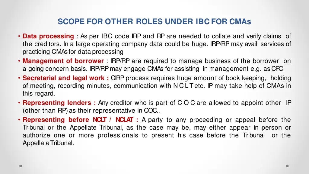 scope for other roles under ibc for cmas