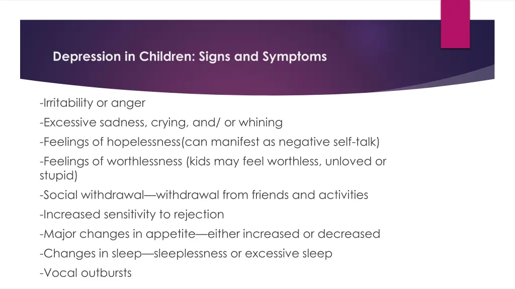 depression in children signs and symptoms