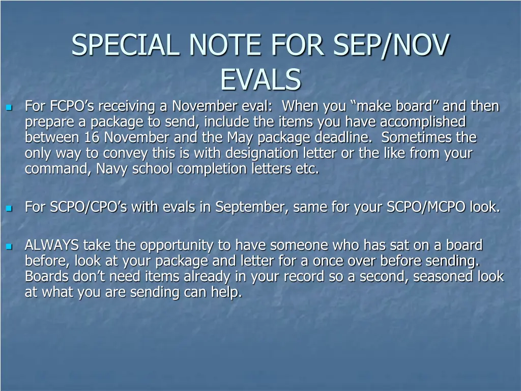 special note for sep nov evals