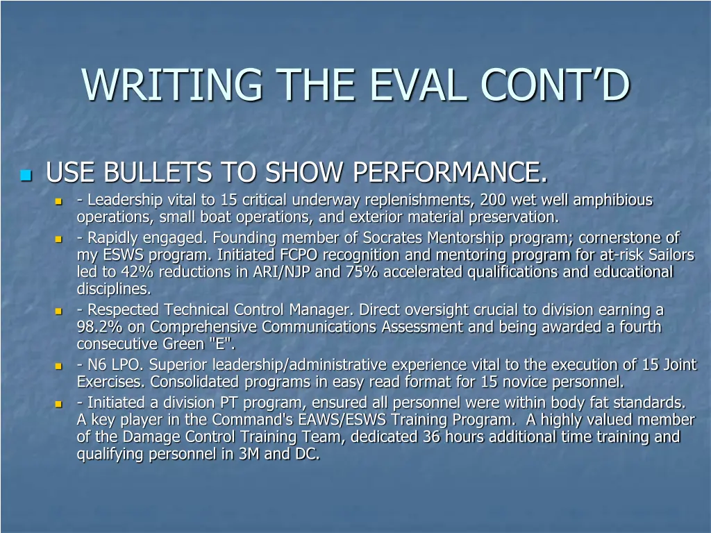 writing the eval cont d 1