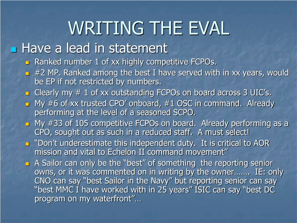 writing the eval have a lead in statement ranked