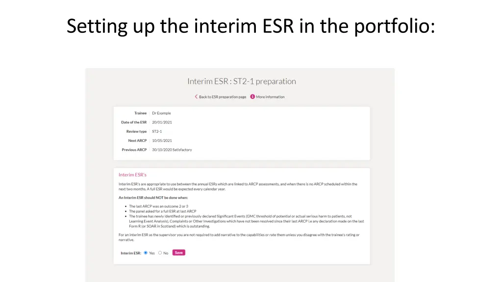 setting up the interim esr in the portfolio