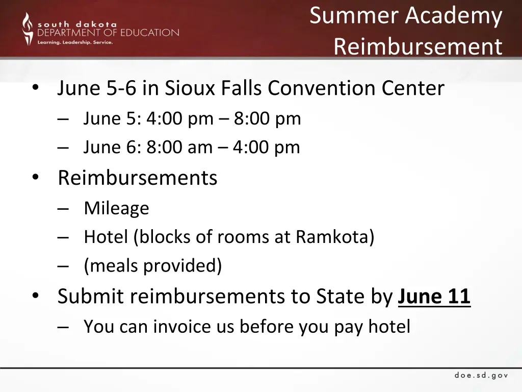 summer academy reimbursement