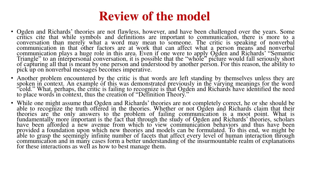 review of the model