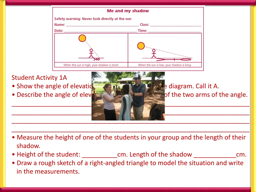 student activity 1a show the angle of elevation