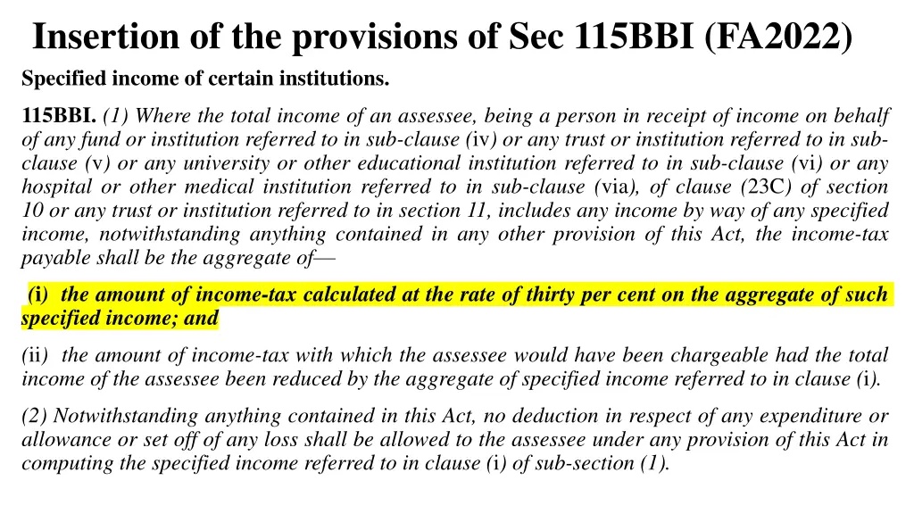 insertion of the provisions of sec 115bbi fa2022