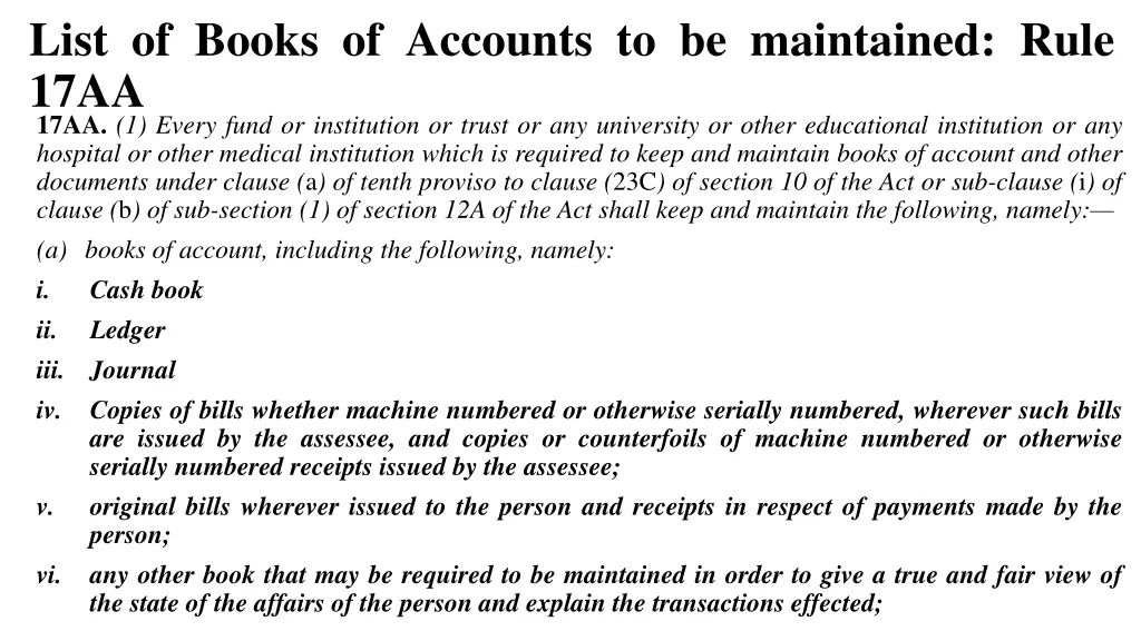 list of books of accounts to be maintained rule