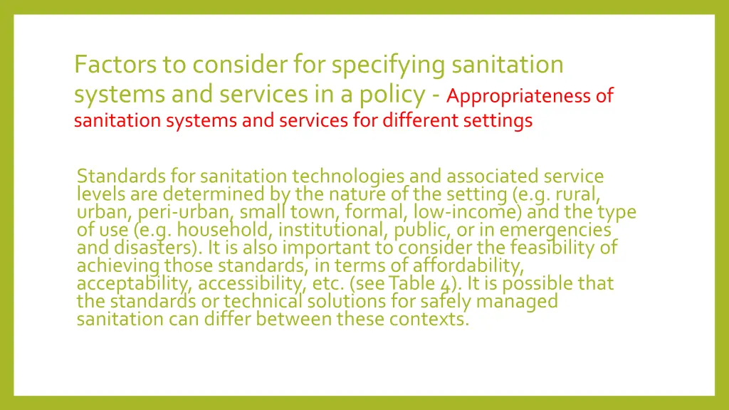 factors to consider for specifying sanitation 1