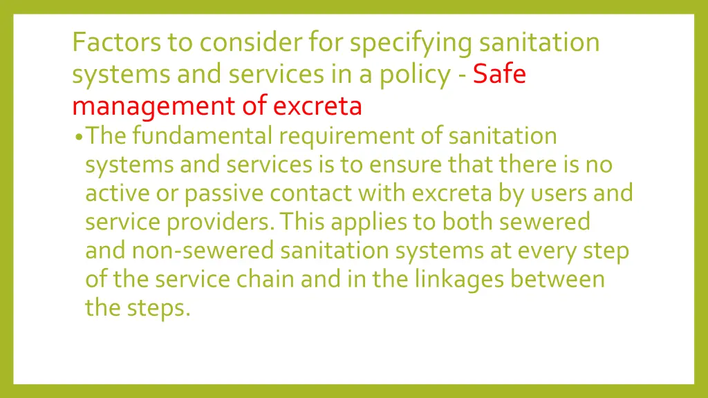 factors to consider for specifying sanitation