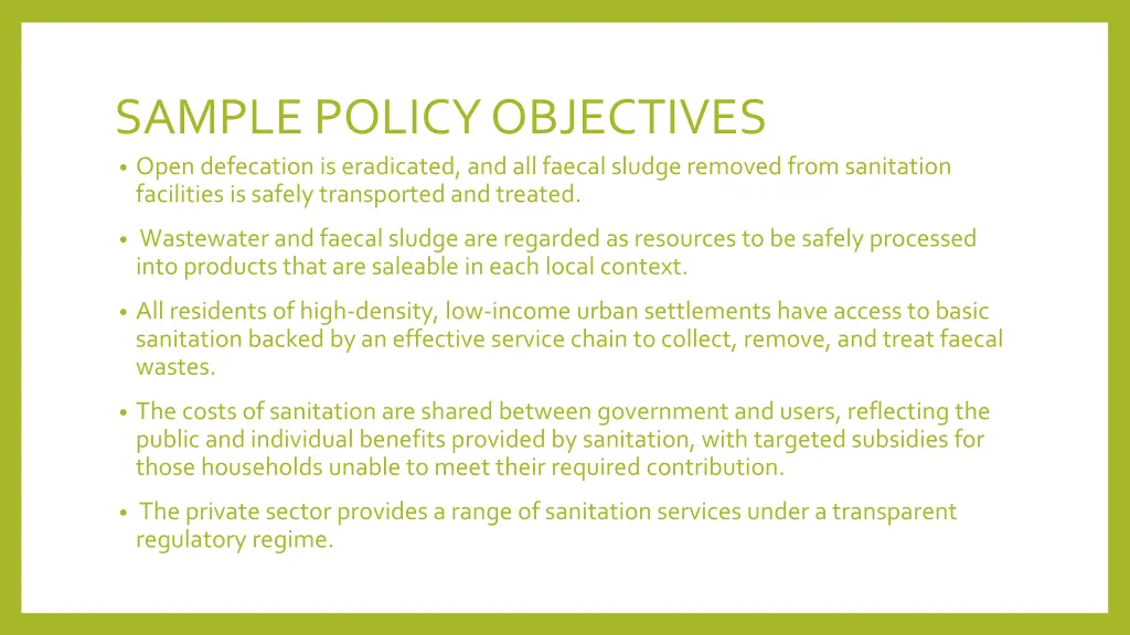 sample policy objectives open defecation