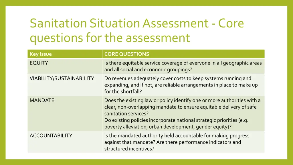 sanitation situation assessment core questions