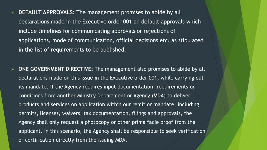 default approvals the management promises