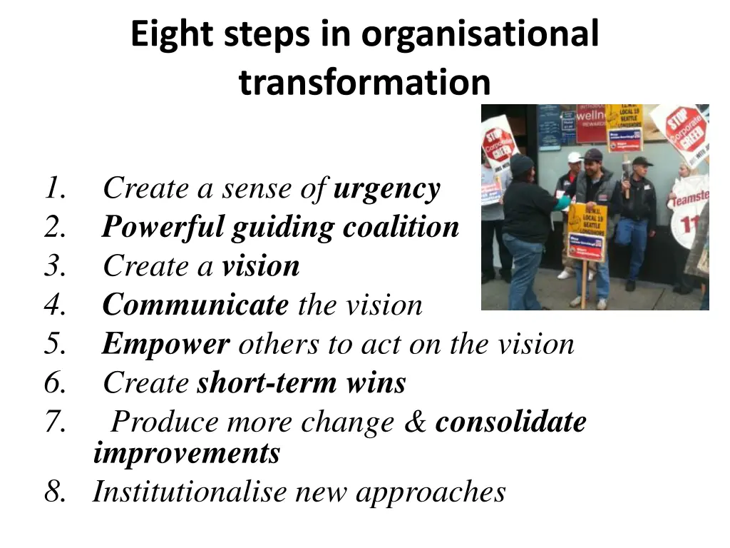 eight steps in organisational transformation