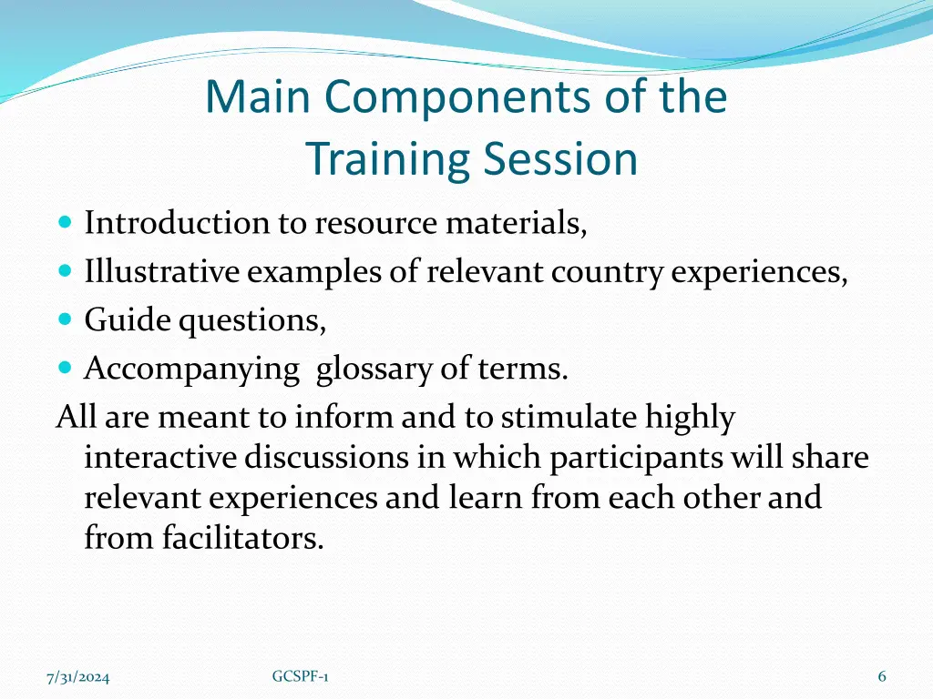 main components of the training session