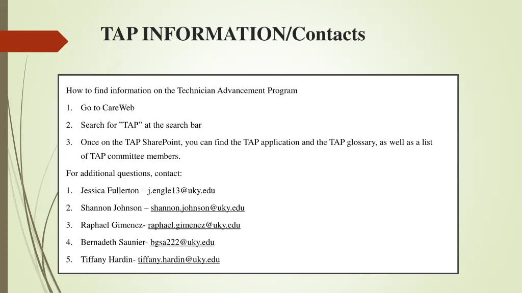 tap information contacts