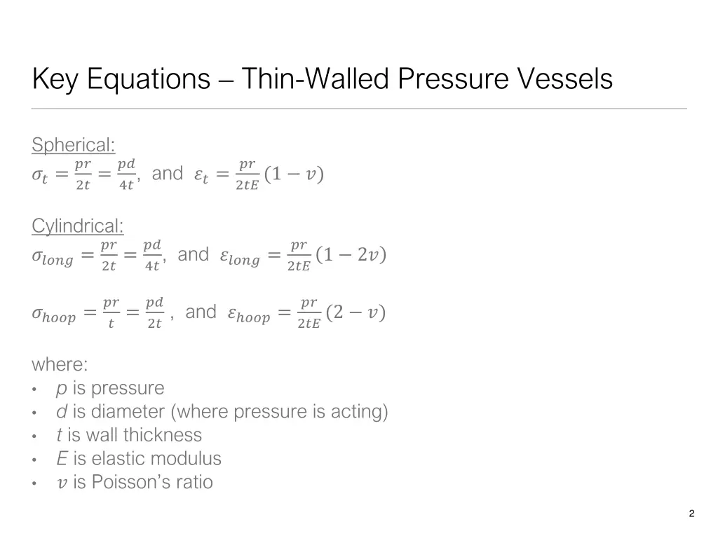 key equations thin walled pressure vessels