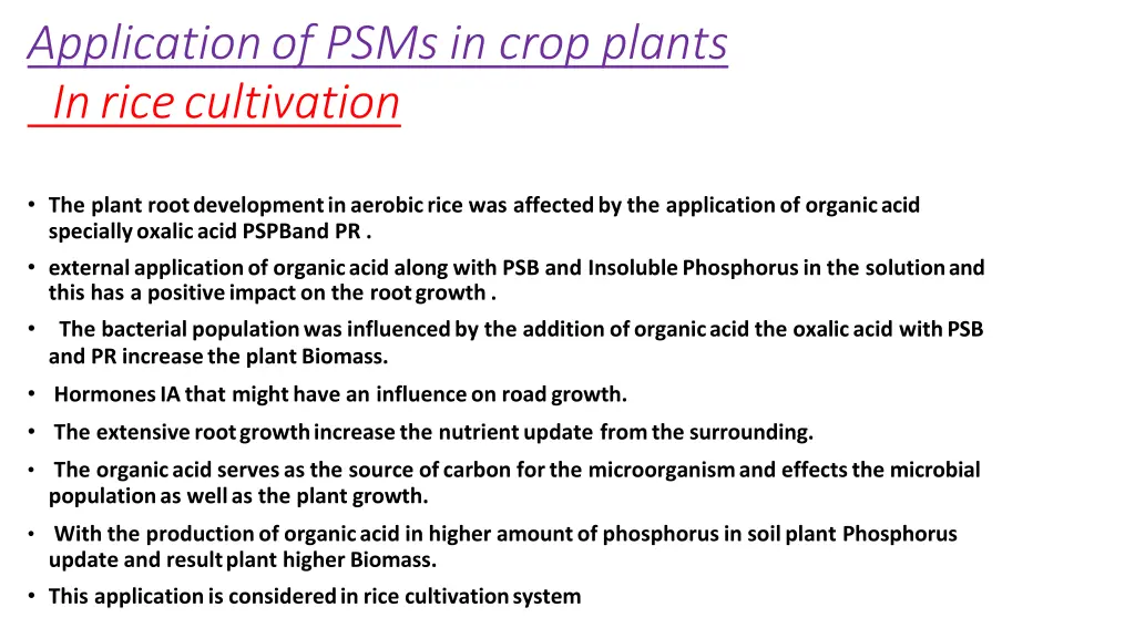 application of psms in crop plants in rice