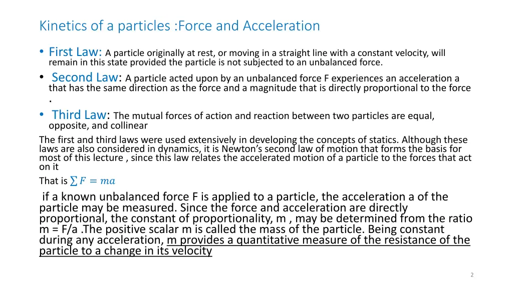 kinetics of a particles force and acceleration